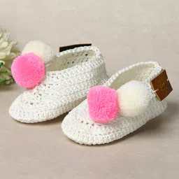 Funkrafts Knit Handmade Crochet Designed & Pom Pom Embellished Booties - White & Pink-picture-38