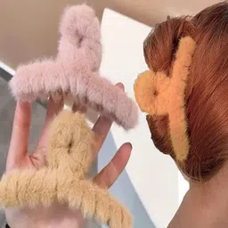 SHREEWATCHES Women Set Of 7 Plush Barrettes Fur Grip T Shape Claw Clip image 2