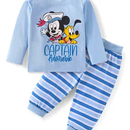 Babyhug Disney Single Jersey Knit Full Sleeves Night Suit With Mickey Mouse Graphics - Light Blue image 3