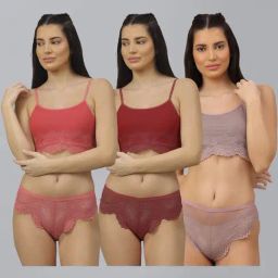 AROUSY Peach & Maroon Self Pattern Bra Panty Set - Pack Of 3-picture-6