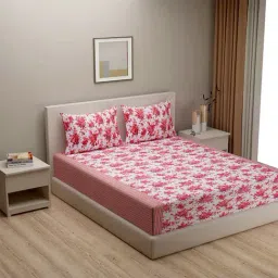 Swayam Vedic Floral Red & White 180 TC Cotton King Bedsheet with 2 Pillow covers-picture-26