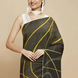 navyasa by liva White & Olive Printed Saree With Unstitched Blouse image 5