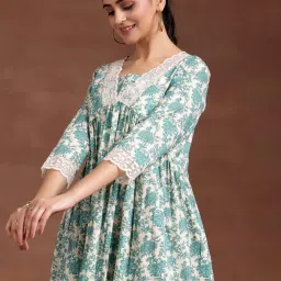Libas Beige & Green Cotton Printed A-Line Dress image 5