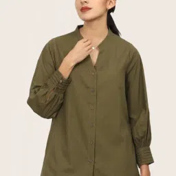 Saltpetre Olive Organic Cotton Relaxed Fit Solid Shirt-image-34