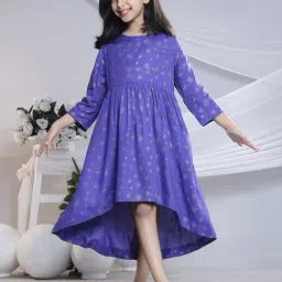 Misbis Girls Blue Comfort Fit Printed Dress-image-3