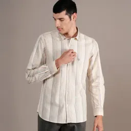 Cantabil Cream Cotton Regular Fit Striped Shirt-image-10