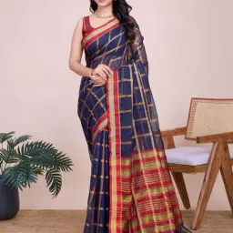 Satrani Navy Blue & Maroon Woven Saree With Unstitched Blouse-image-15