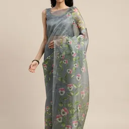 Rajnandini Grey & Green Organza Printed Saree image 1