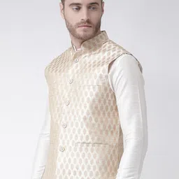 DEYANN Men Beige & Golden Woven Design Jacquard Silk Nehru Jacket with Pocket Square image 5