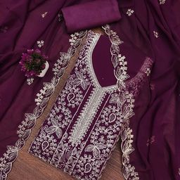 HERE&NOW Floral Embroidered Thread Work Silk Chiffon Unstitched Dress Material-picture-36