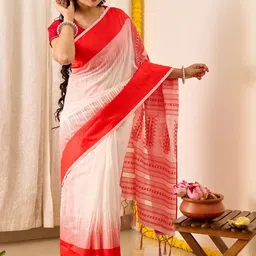 TEEJH Ujjaini White & Red Cotton Saree-picture-38
