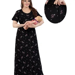 Fabme Pure Cotton Half Sleeves Floral Printed Night Dress With Concealed Zipper Nursing Access - Black-image-1
