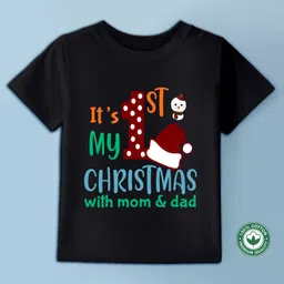 BLUSHES Christmas Theme 100% Cotton Half Sleeves Its My Christmas With Mom & Dad Text Printed Tee - Black-picture-17