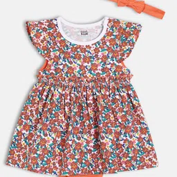 MINI KLUB Cotton Half Sleeves Floral Printed Frock Style Onesie With Headband - Multi Colour-image-99