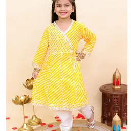 AJ Dezines Cotton Woven Full Sleeves Leheriya Printed & Gota Lace Embellished Kurti Pajama Set - Yellow-picture-16