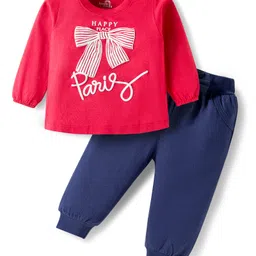 Doodle Poodle 100% Cotton Knit Full Sleeves Top and Joggers Set With Bow Print - Red & Navy Blue-picture-16