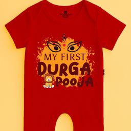 The Peppy Tend 100% Cotton Knit Durga Puja Theme Half Sleeves My First Durga Pooja Text Printed Romper - Red-picture-7