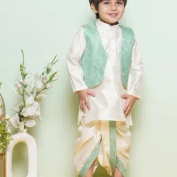 AJ Dezines Kids Green & White Floral Print Full Sleeves Kurta, Dhoti with Waistcoat-picture-13