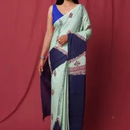 Unnati Silks Green & Blue Cotton Printed Saree With Unstitched Blouse-image-24