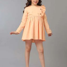 Under Fourteen Only Kids Peach Cotton Printed Full Sleeves Dress-picture-2