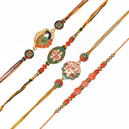 eCraftIndia Set of 4 Om, Swastika, Peacock, Pearls, Rakhis with Sibling Agreement & Roli Chawal Pack image 5