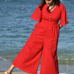 Okhai Pioneer Red Pure Cotton Mirror Work Jumpsuit-picture-14