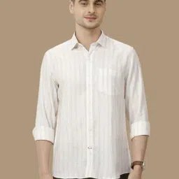 Linen Club White Linen Contemporary Fit Striped Shirt-image-46