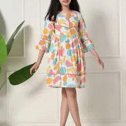 Bella Moda Girls Blue Cotton Three Fourth Bell Sleeves Printed Dress-picture-45