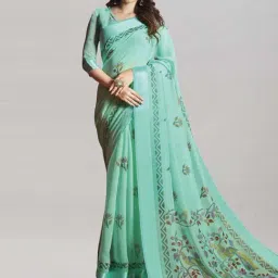 Satrani Turquoise Cotton Silk Floral Print Saree With Unstitched Blouse-picture-39