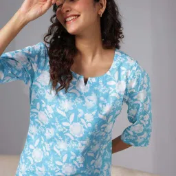 Libas Blue Cotton Printed Kurti & Pyjama Set image 5