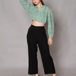 Zink London Green & White Cotton Striped Crop Shirt-image-88