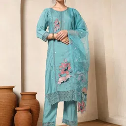 DIVASTRI Ethnic Motifs Round Neck Mirror Work Straight Kurta With Trousers & Dupatta-picture-15