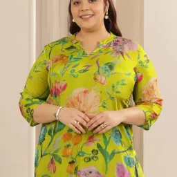 Extra Love By Libas Green Cotton Straight Fit Floral Print Tunic-picture-12