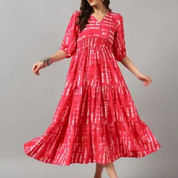 Krunal Raiyani Women Tie and Dye Dyed V Neck Smocked Tiered Fit & Flare Midi Dress-image-38