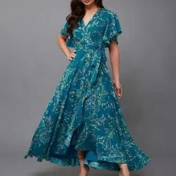 Miss Chase Multicolored Base Turquoise V Neck Half Sleeve Floral Wrap Crepe Maxi Dress-image-1