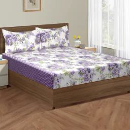 Swayam Dona Floral White & Purple 160 TC Cotton King Bedsheet with 2 Pillow Covers-picture-9