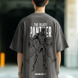 Bewakoof Men's Grey Wakanda Forever Graphic Printed Oversized T-Shirt-image-99