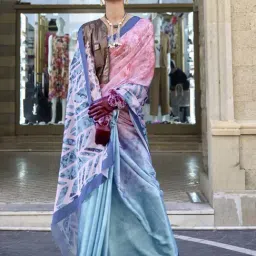 Elora Pink & Blue Printed Saree With Unstitched Blouse-image-19