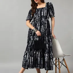 Femvy Tie and Dye Dyed Puff Sleeves Ruffled Monochrome Tiered Crepe Fit & Flare Midi Dress-image-42
