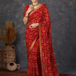 Satrani Red Bandhani Saree With Unstitched Blouse-picture-14