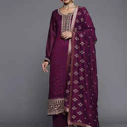 Libas Women Purple Floral Embroidered Sequinned Kurta  with Palazzos & Dupatta image 5