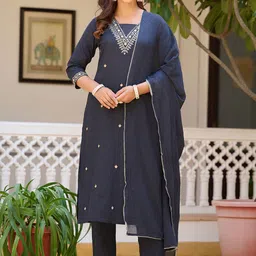 KALINI Floral Embroidered Thread Work Pure Cotton Straight Kurta With Trousers & Dupatta-picture-12
