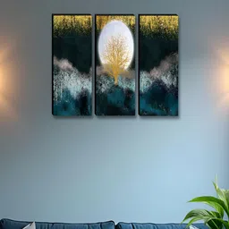 Livin'luxe Teal & Gold-Toned 3 Pieces Tree & Moon Printed Wall Arts-image-58