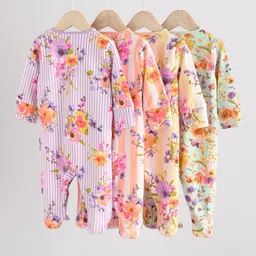 NEXT Infants Pack of 4 Floral Print Two Pure Cotton Sleepsuit image 4