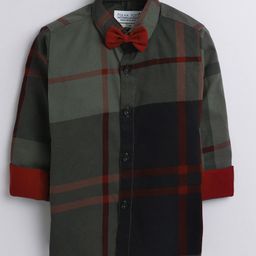 Polka Tots Full Sleeves Window Pane Checked Shirt With Bow Tie - Green-picture-15
