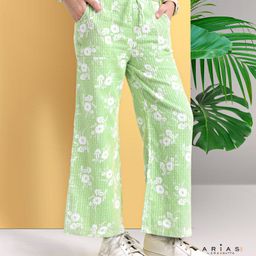 arias by lara dutta Arias 100% Cotton Dobby Printed Flared Pull Up Pants - Green-picture-33