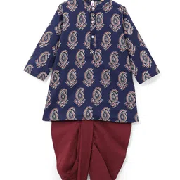 Babyhug 100% Cotton Knit Full Sleeves Ethnic Koyi Printed Kurta & Dhoti Set - Blue & Maroon-image-53