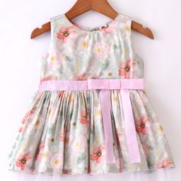 ToffyHouse 100% Satin Woven Sleeveless Floral Printed Party Frock with Bow Detailing - Multicolour-picture-44