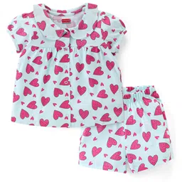 Babyhug Cotton Knit Half Sleeves Shorts Night SuitSet Heart Print - Blue-picture-14