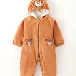 Kookie Kids Winter Wear Full Sleeves Hooded Romper with Bear Applique - Bronze-image-36